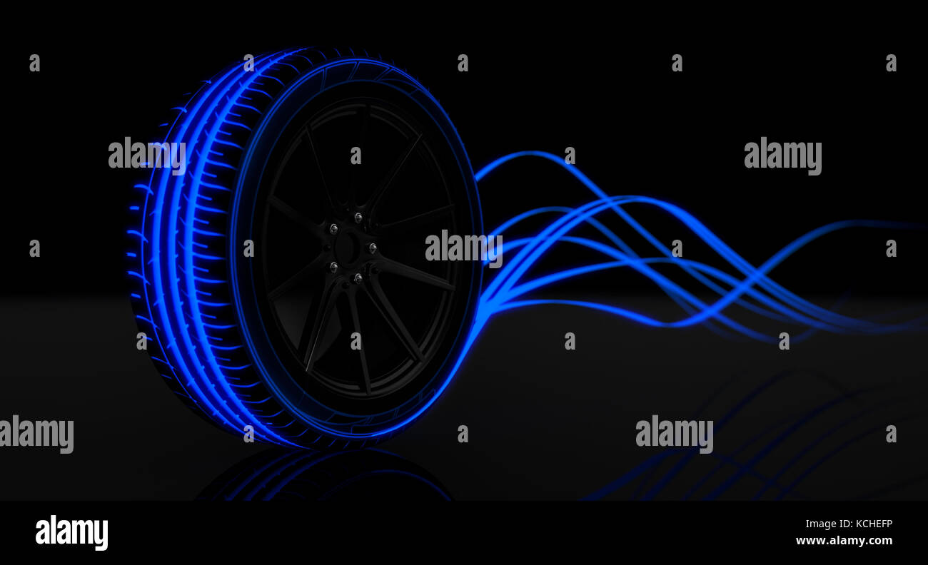 Une sportive moderne avec des pneus à profil bas et rougeoyant futuriste bleu lumière rougeoyante des sentiers sur un arrière-plan foncé moody studio - 3D render Banque D'Images