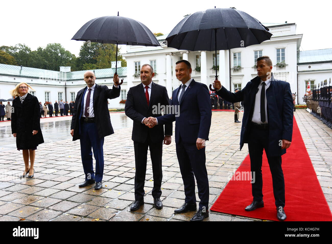 Le président duda et première dame agata kornhauser-duda a reçu le président bulgare rumen radev et première dame just radeva avec cérémonie au palais du Belvédère à Varsovie pour l'inauguration. (Photo par Jakob ratz / pacific press) Banque D'Images