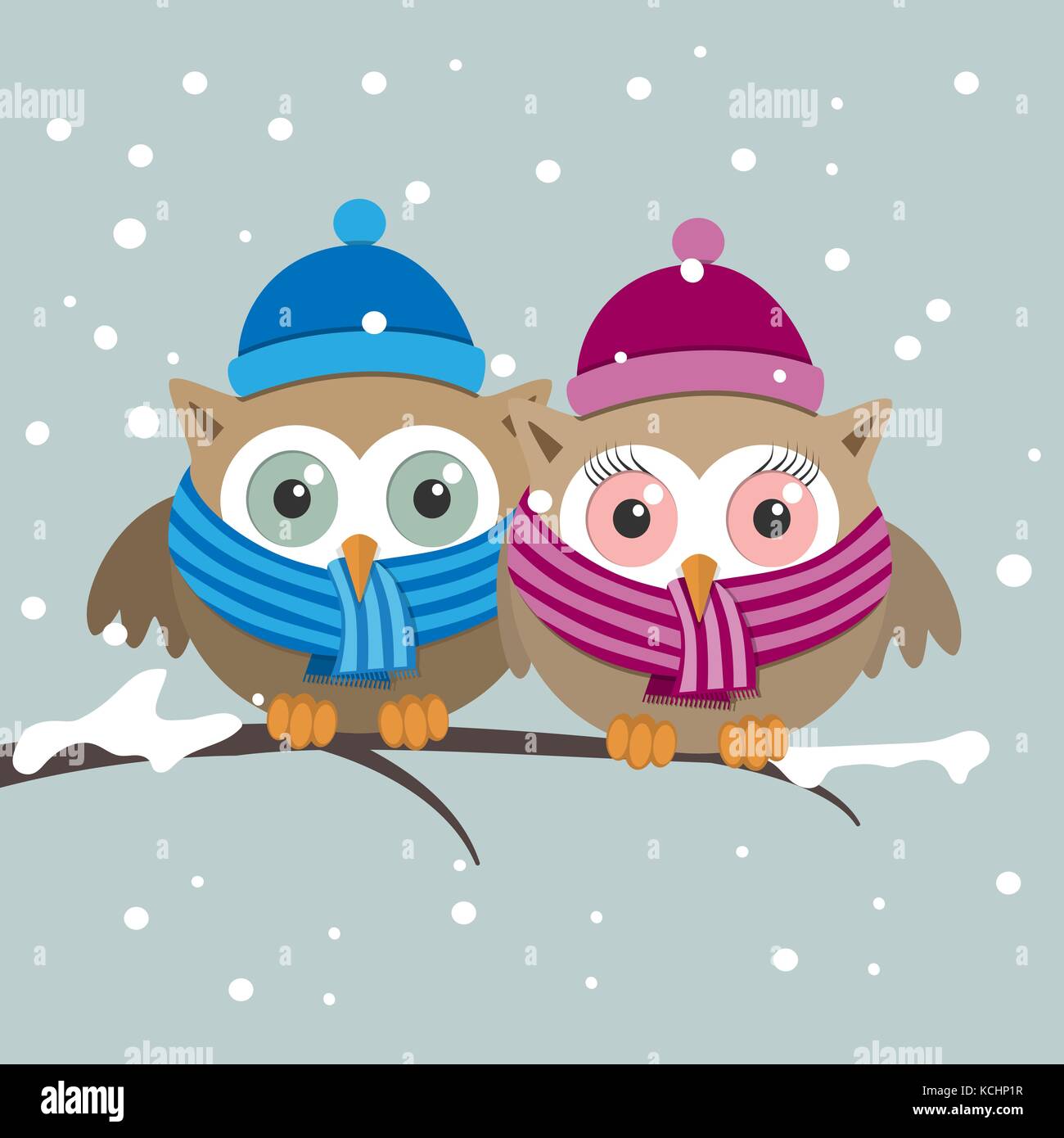 Couple de hiboux avec foulard sur une journée d'hiver. Vector illustration  Image Vectorielle Stock - Alamy