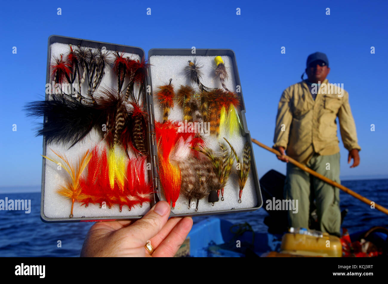 Les mouches utilisées pour la pêche à la mouche de la baby tarpon sur les appartements et les rivières de Campeche Mexique Yucatan Banque D'Images