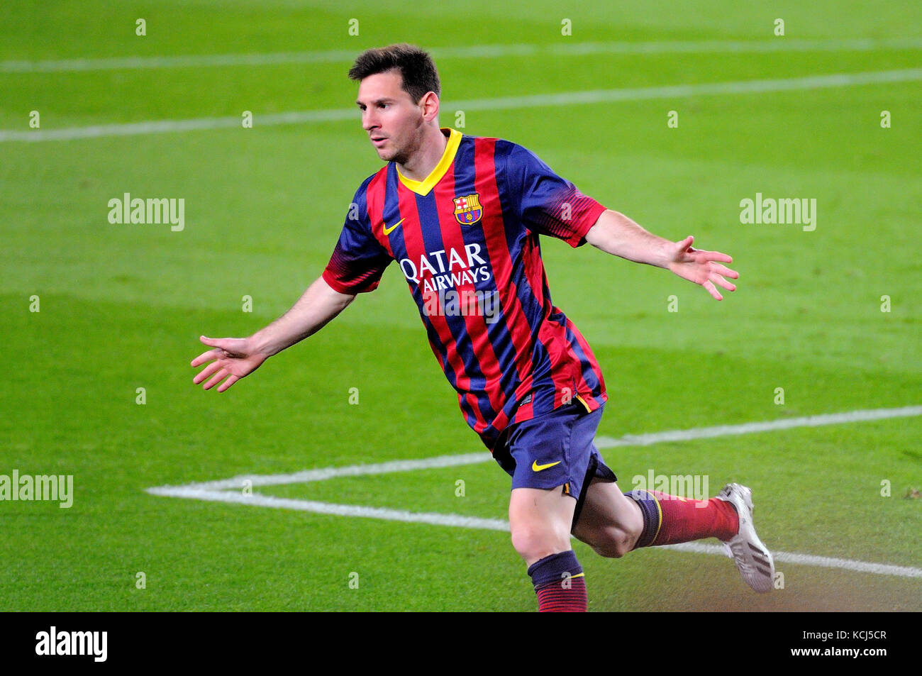 BARCELONE - Mar 26 : Lionel Messi, joueur argentin du FC Barcelone, fête son but contre le Celta de Vigo au Camp Nou en Ligue espagnole Banque D'Images