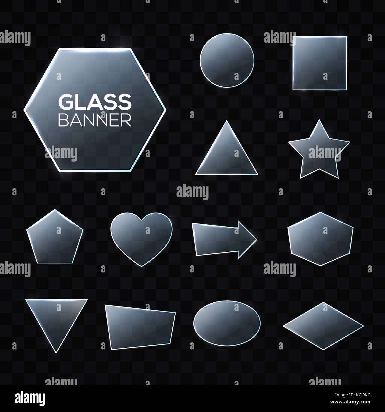 Jeu de plaques de verre. Triangle, Carré, rectangle, hexagone, pentagone, étoile, cœur, cercle des trames texturée de bougies et de lumière sur fond transparent. La technologie façonne. Vector illustration réaliste. Illustration de Vecteur