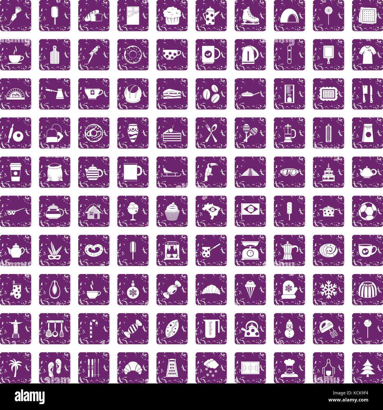 Café 100 icons set grunge purple Illustration de Vecteur