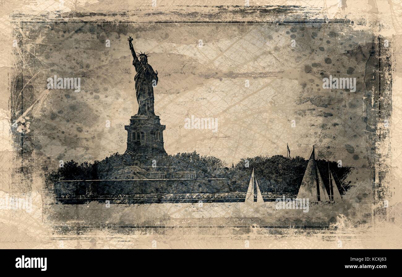 Statue de la liberté et de voiliers Banque D'Images