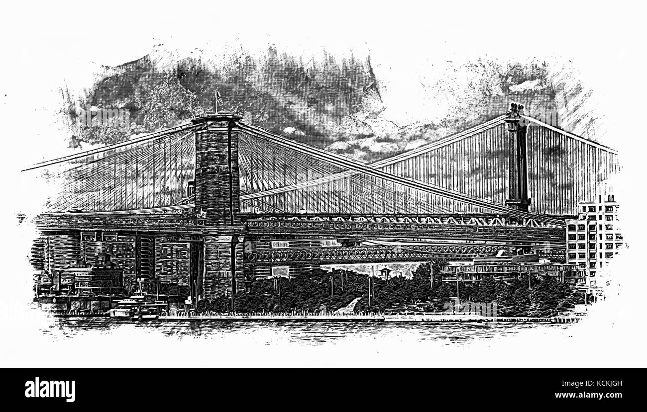 Croquis de Brooklyn et Manhattan Bridges Banque D'Images
