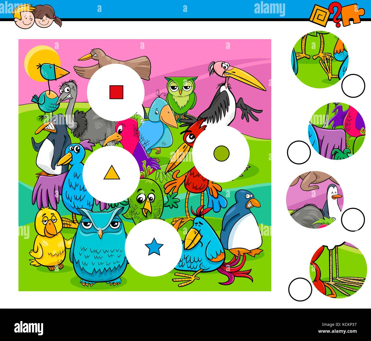 Cartoon illustration de l'activité d'enseignement correspondent à des pièces de jeu pour les enfants avec des personnages animaux oiseaux Illustration de Vecteur