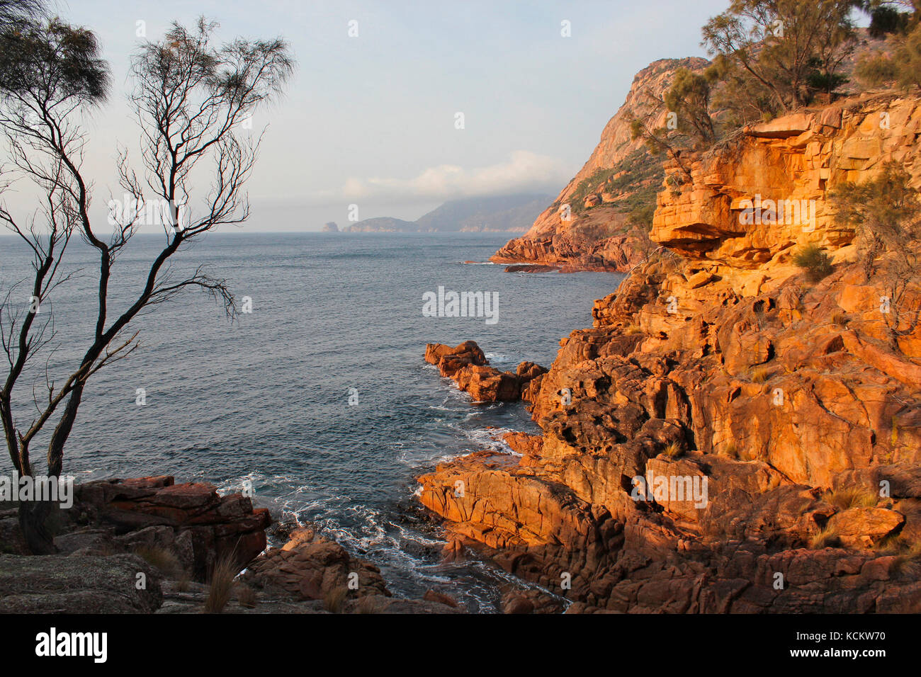 Côte sauvage à Sleepy Bay, avec Cape Forestier et Lemon Rock à distance. Coles Bay, parc national de Freycinet, Tasmanie, Australie Banque D'Images