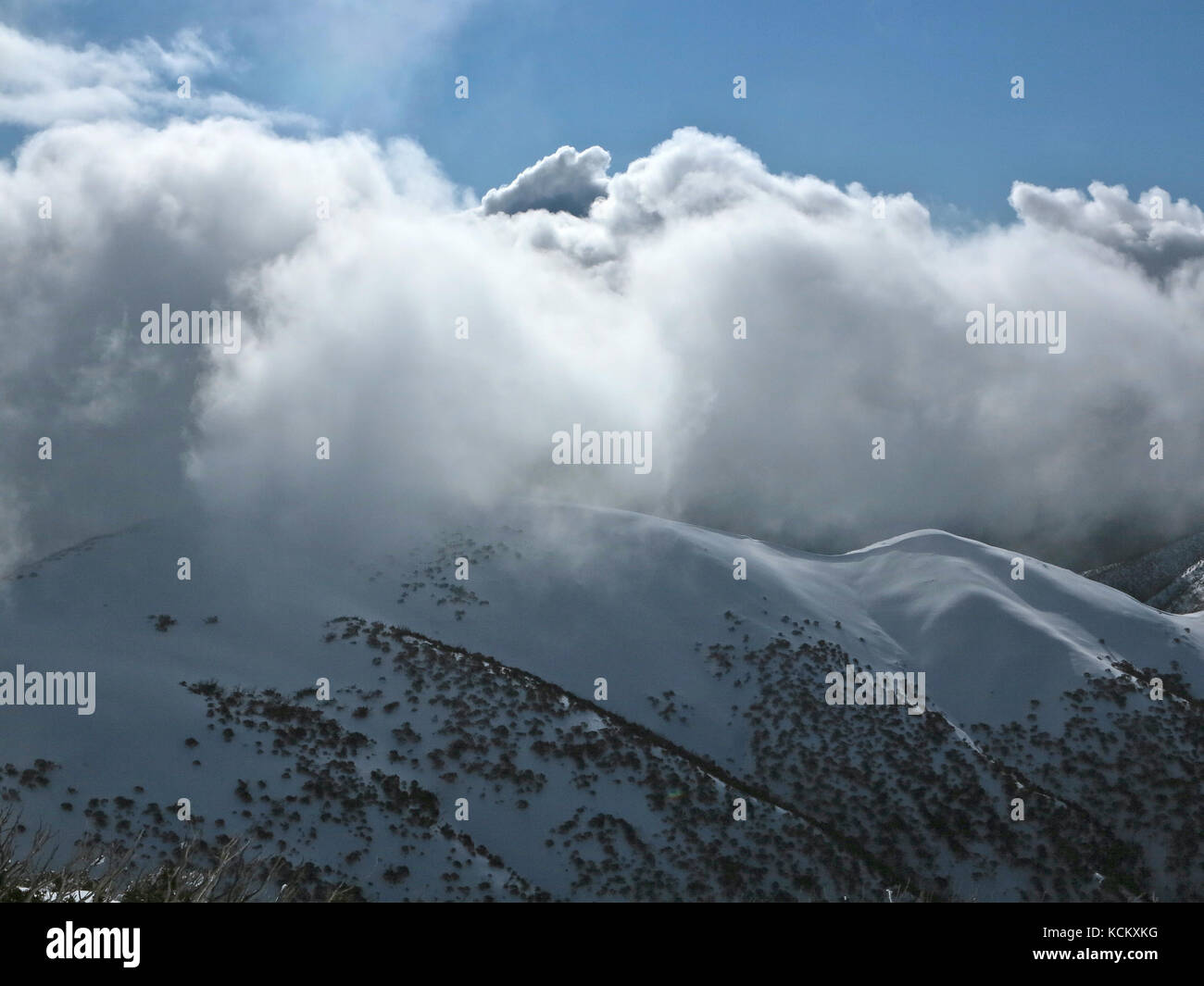 Des nuages se déroulant au-dessus de la crête de Razorback à Mount Hotham, dans le nord-est de Victoria, en Australie Banque D'Images