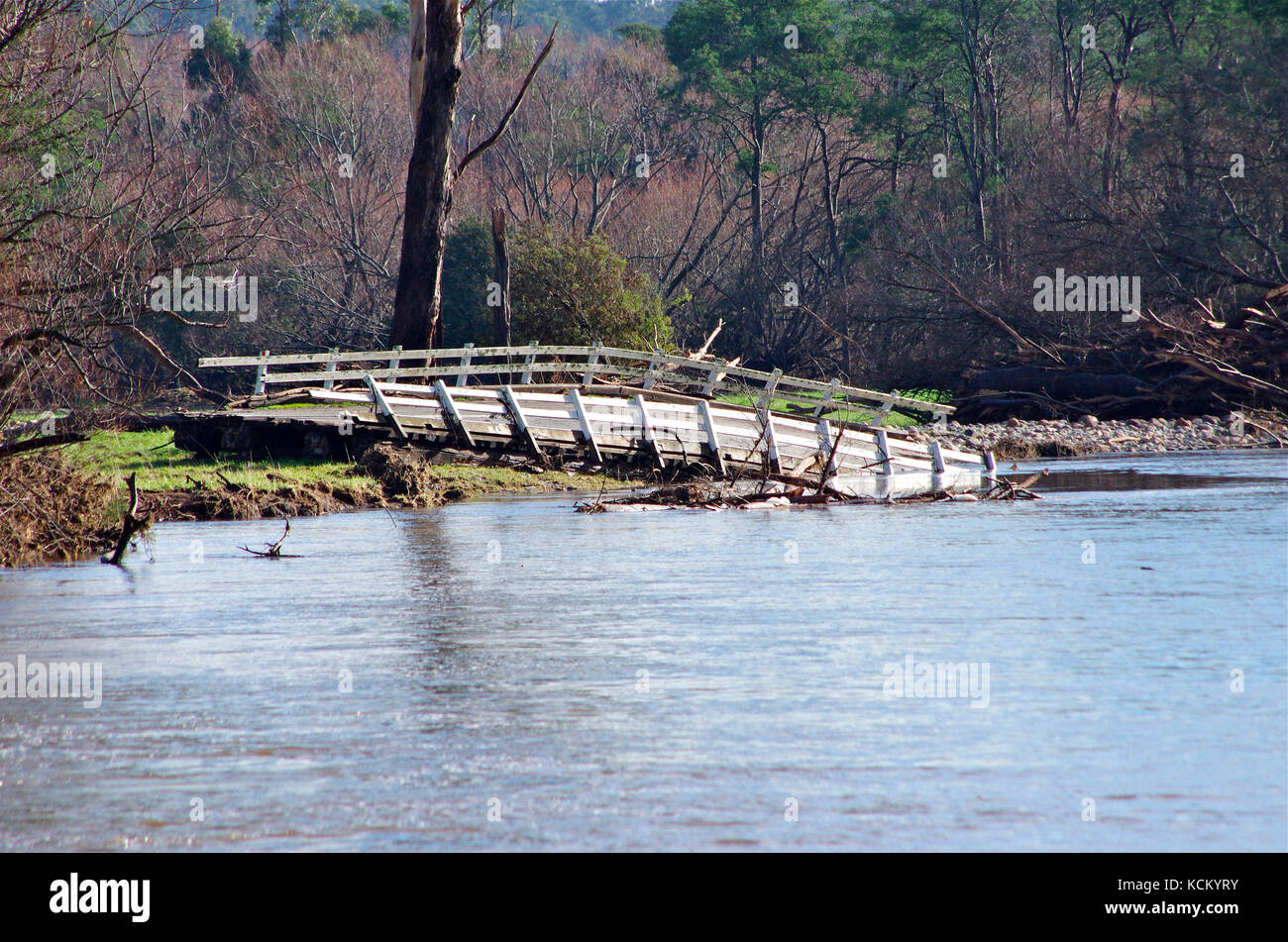 Pont en bois endommagé par une inondation importante. Sa section éloignée a été transportée sur la rive de la rivière par des débris d'inondation. Merseylea, nord-ouest de la Tasmanie, Australie Banque D'Images