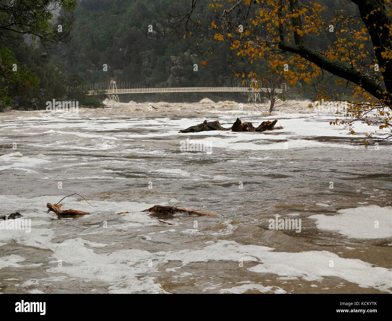 La rivière South Esk en crue et le pont suspendu du bassin First presque sous l'eau. Cataract gorge, Launceston, Tasmanie, Australie Banque D'Images