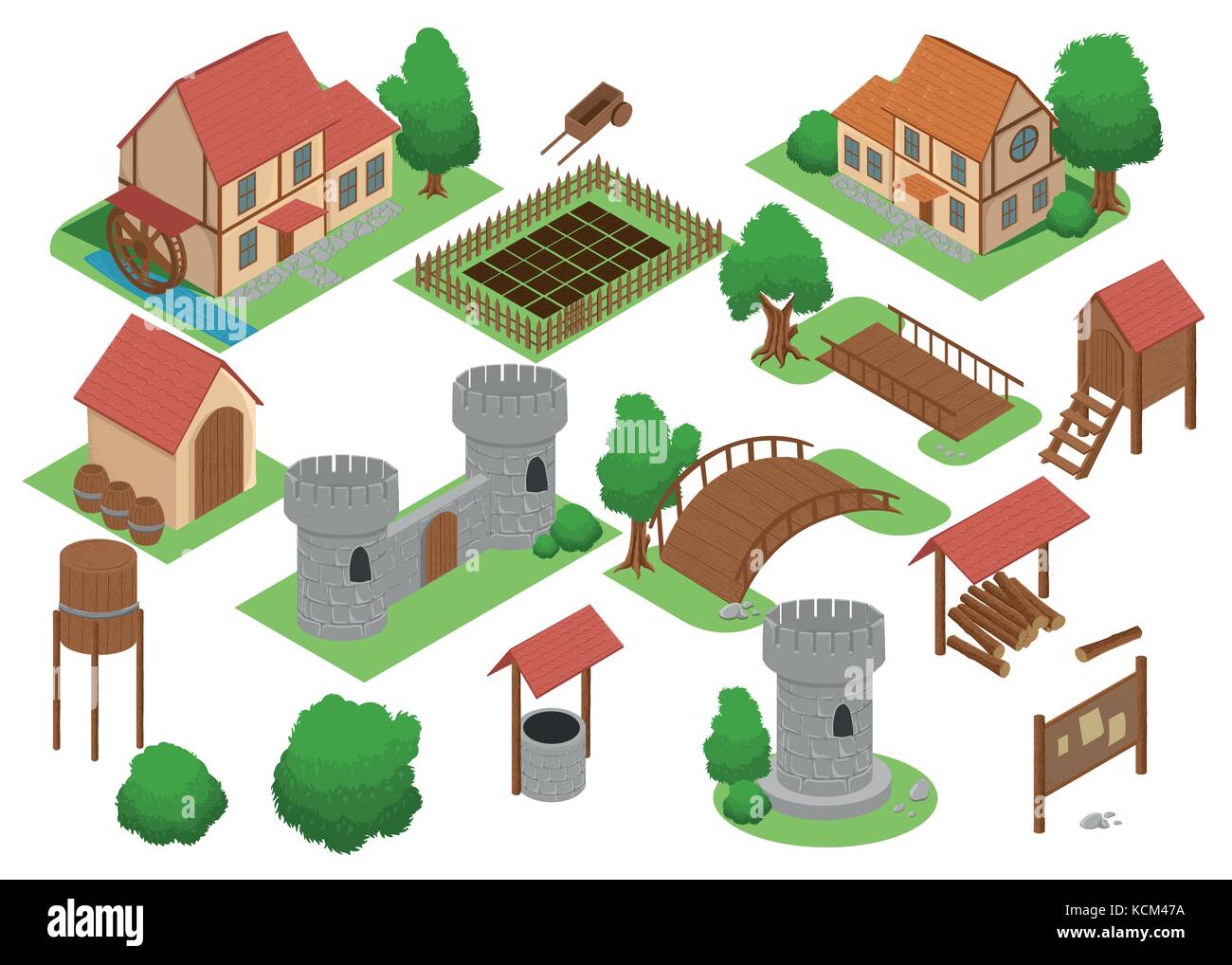 Tuile maison médiévale en ligne stratégique android video game insight. élément map développement télévision 3D isométrique médiéval des bâtiments et de l'usine explorer vector Illustration de Vecteur