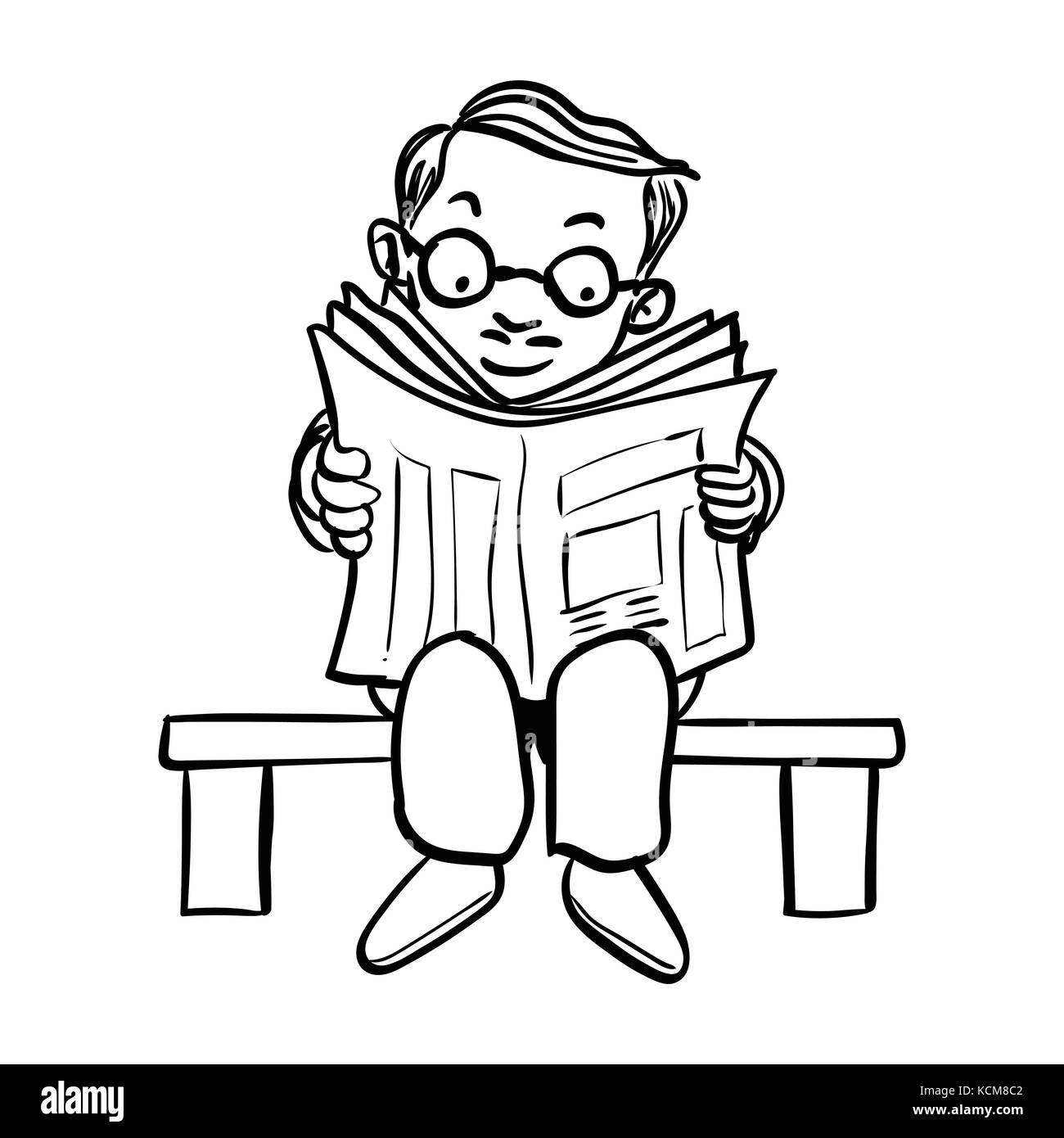 Dessin à la main de l'homme dessin animé portent des lunettes lire la news sur banc isolé sur fond blanc. noir et blanc simple ligne vector illustration pour co Illustration de Vecteur