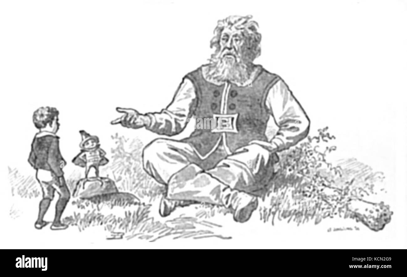 Une illustration de l'histoire 'Davy et le Gobelin', représentant une scène clé de cette histoire fantastique pour enfants, mettant en valeur les personnages fantaisistes et le récit. Banque D'Images