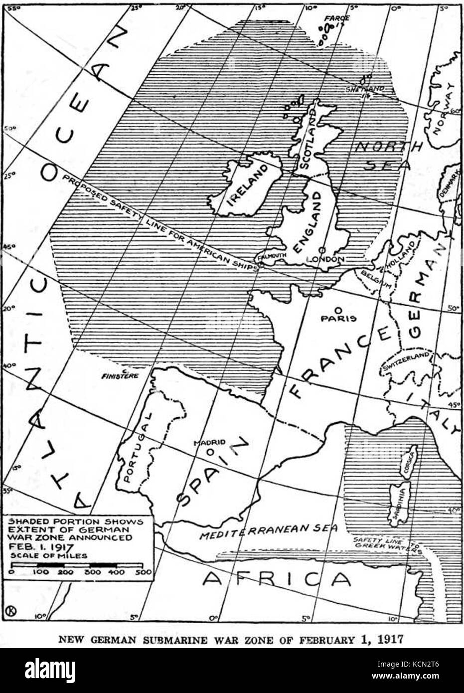 Zone de guerre sous-marin allemand a annoncé le 1 février 1917 Banque D'Images