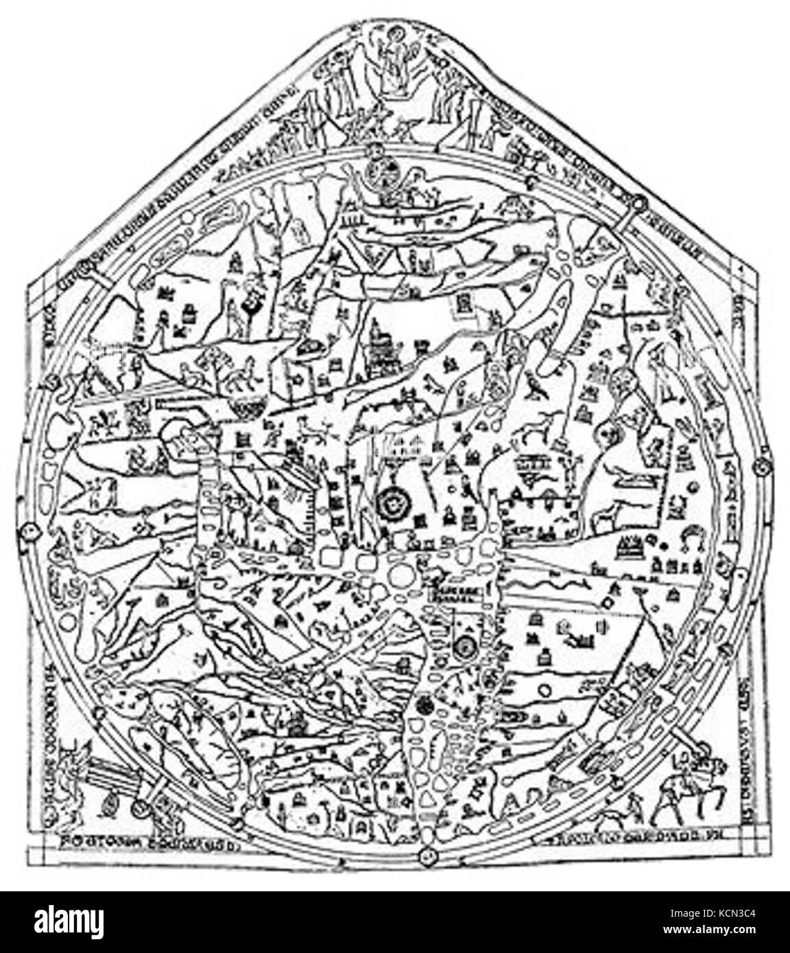Le Hereford Mappa Mundi est une carte médiévale qui illustre le monde connu du XIVe siècle, offrant un aperçu de la géographie, de la culture et de la mythologie médiévales. Banque D'Images