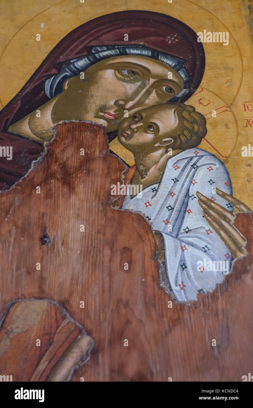 Icône de la Vierge Marie et l'enfant Jésus sur le bois Banque D'Images