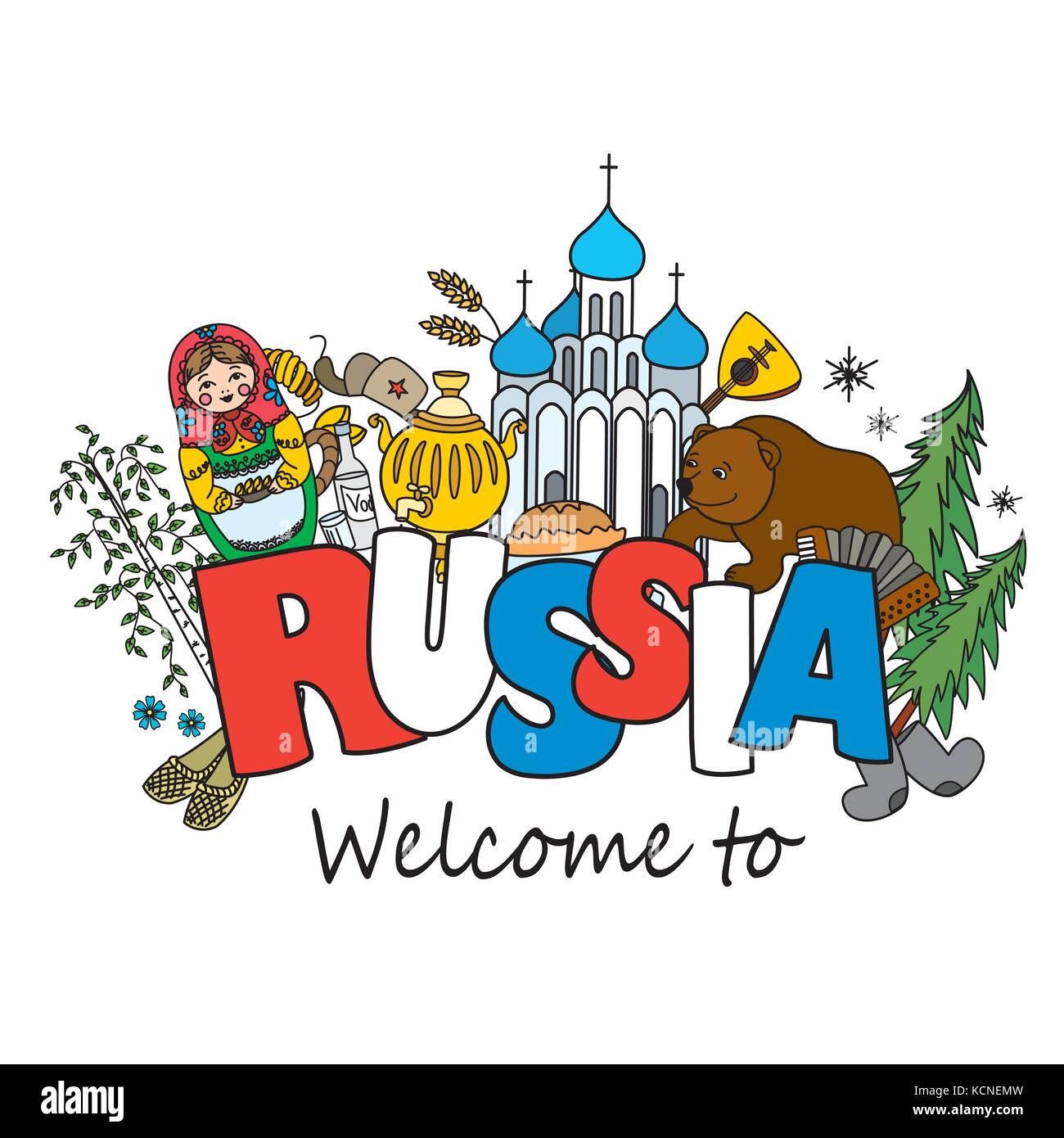 Bienvenue à la Russie. Fédération de Russie voyage, symboles, traditions russes. vector illustration. Illustration de Vecteur