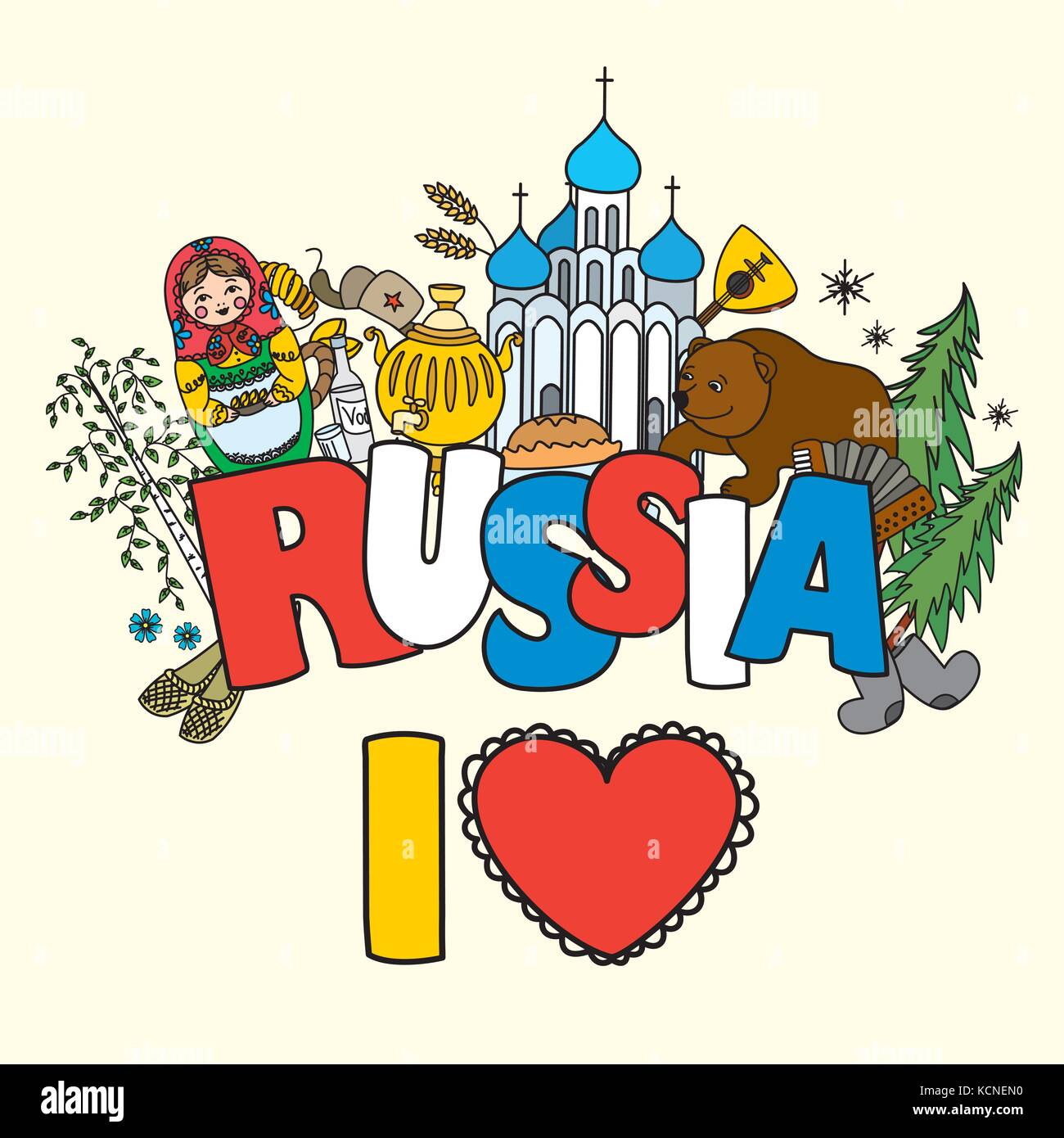 J'aime la Russie. Fédération de Russie voyage, symboles, traditions russes. vector illustration. Illustration de Vecteur