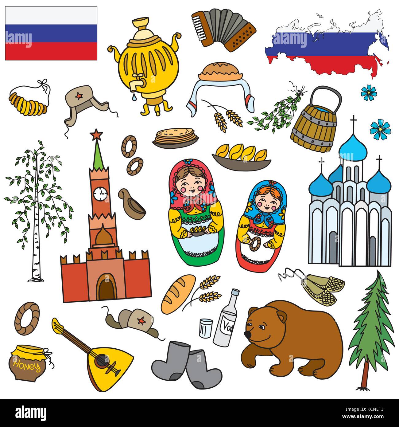 Fédération de Russie, les symboles, les traditions russes. série de télévision en couleur style design icons. vector illustration. Illustration de Vecteur