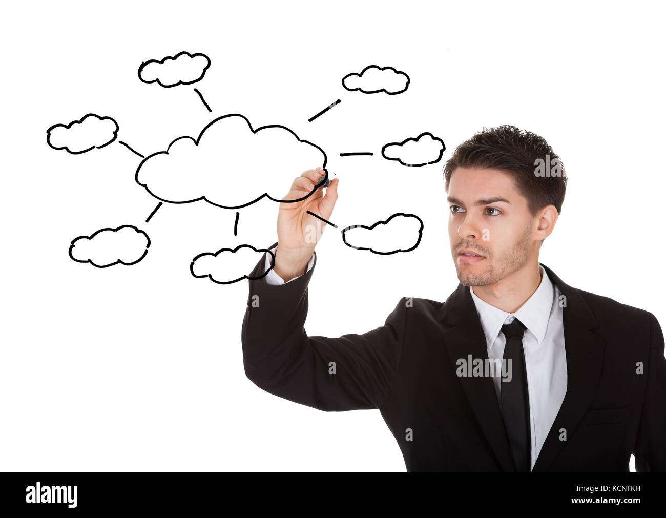 Man holding marker cloud computing concept dessin sur écran blanc Banque D'Images