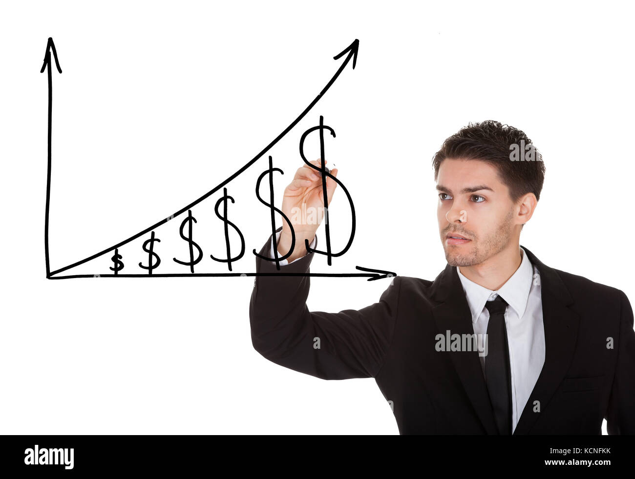 Man holding pen dollar dessin graphique de croissance sur écran blanc Banque D'Images