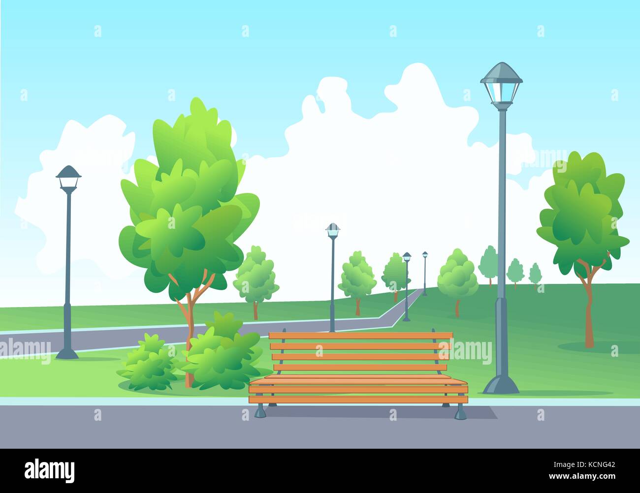 Banc vide dans le parc. parc avec un lampadaire, arbres, buissons et promenade avec les frontières. Illustration de Vecteur