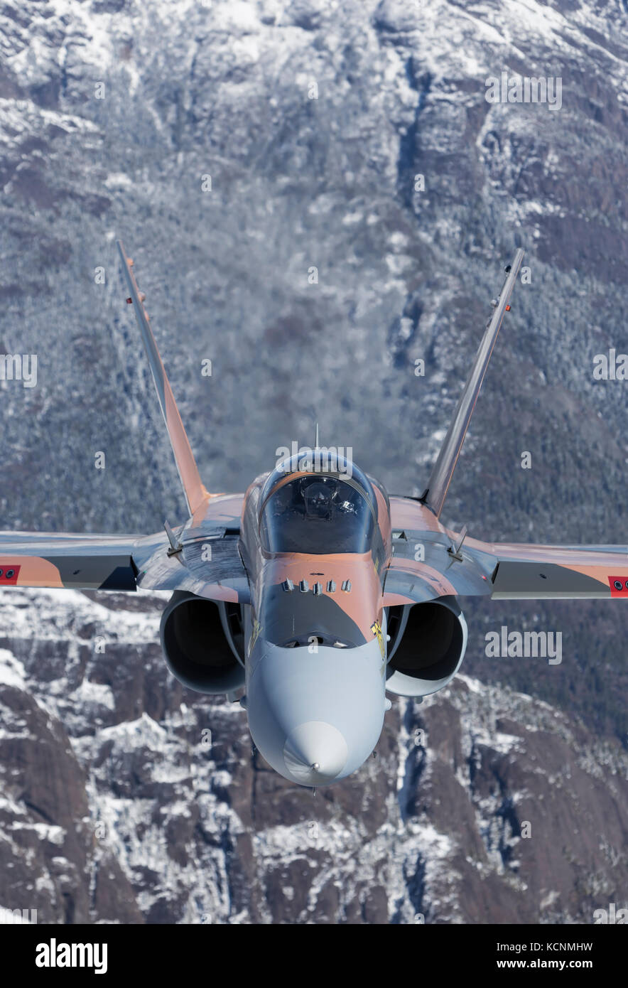 Un F-18 Hornet vole au-dessus de montagnes dans le parc Strathcona. L'île de Vancouver, Colombie-Britannique, Canada. Banque D'Images