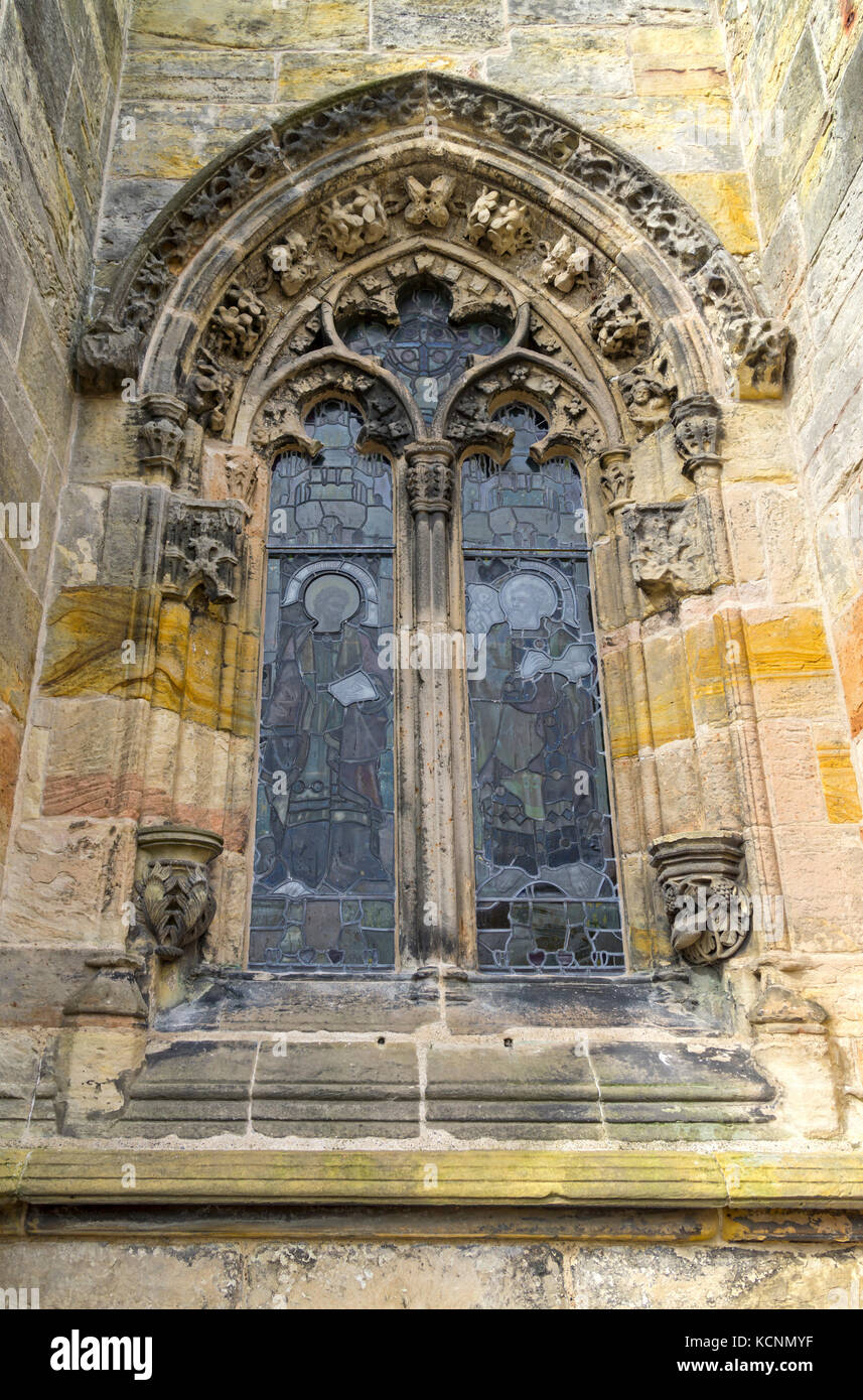 De l'extérieur d'un vitrail de la chapelle de Rosslyn, Ecosse Banque D'Images