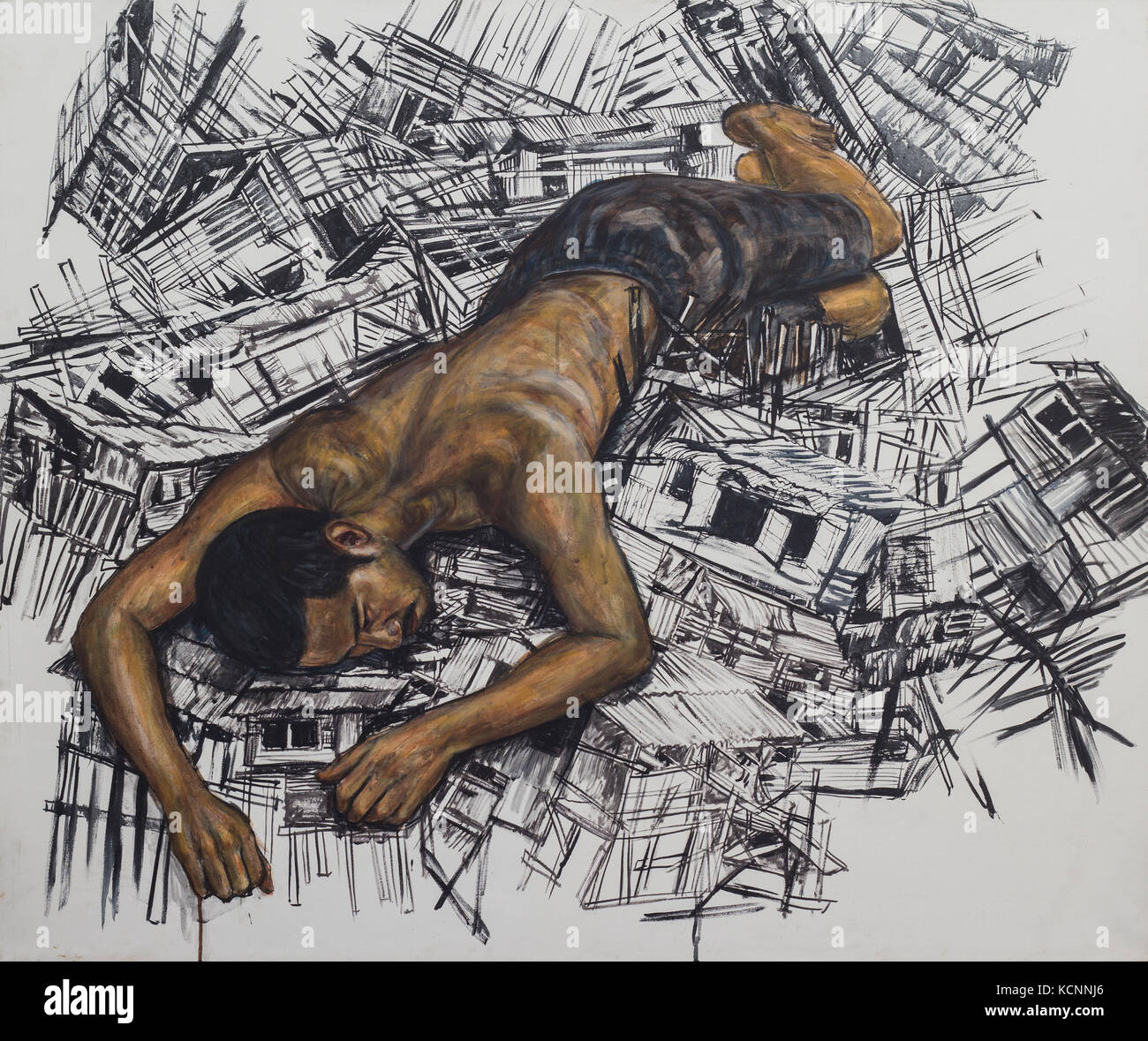 Asian man reclining sur maison en bois,dommage painintg Acrylique et encre noire sur toile Banque D'Images