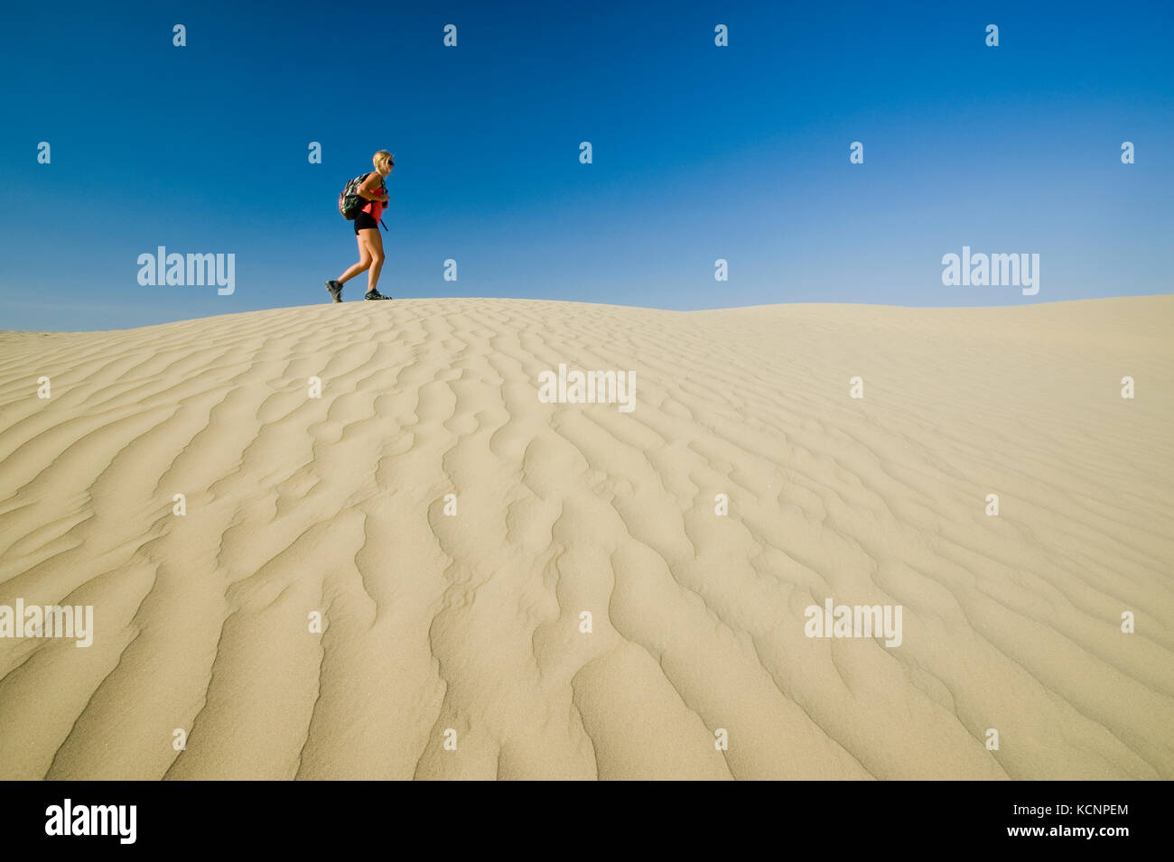 Girl hiking dans les grandes dunes de la Saskatchewan, près de Sceptre, Saskatchewan, Canada Banque D'Images