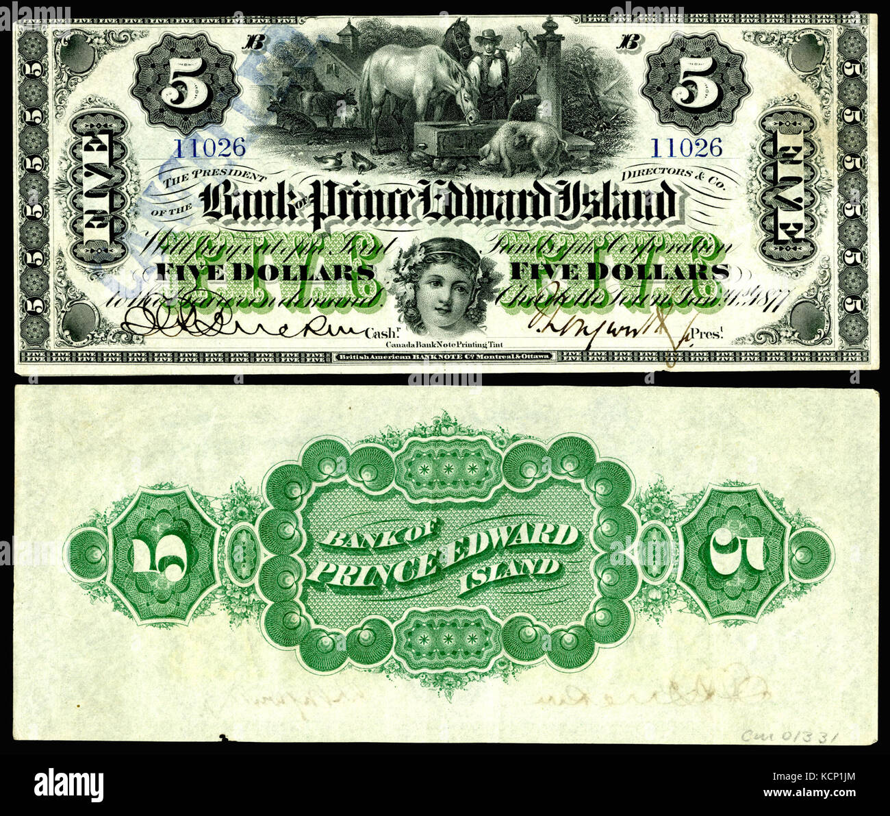 Peut S1931c Bank of Prince Edward Island 5 Dollars (1877) Banque D'Images