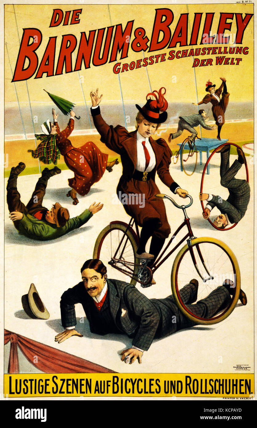 Affiche allemande pour Barnum & Bailey avec les vélos et rollerskates, 1900 Banque D'Images