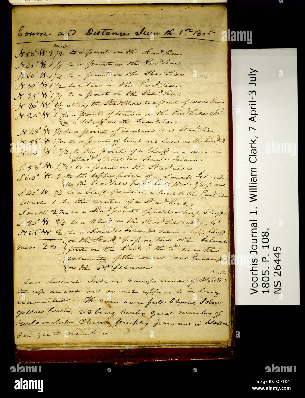 Clark Family Collection Volume 1. Journal officiel No 1, Voorhis page 108, 1 juin 1805 Banque D'Images