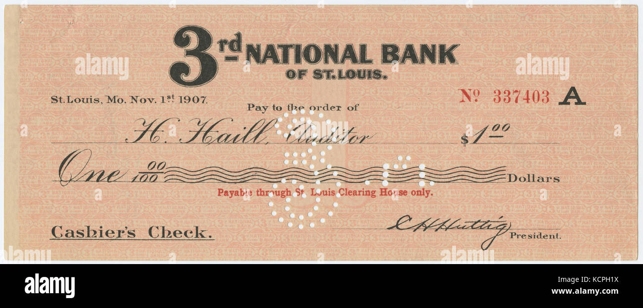 Chèque de 1 $ payable à H. Haill, vérificateur, 3e Banque nationale de St Louis, le 1 novembre, 1907 Banque D'Images