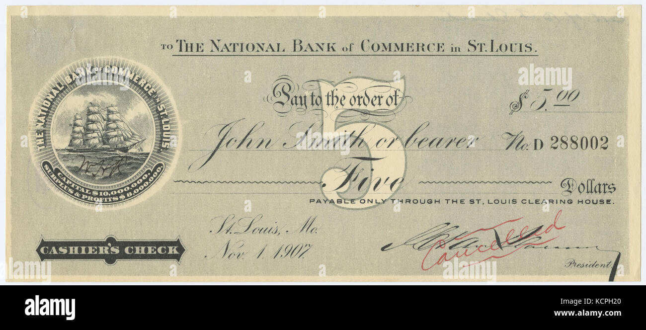 Chèque de 5 $ payable à John Smith ou au porteur, la Banque Nationale de Commerce à St Louis, le 1 novembre 1907 Banque D'Images