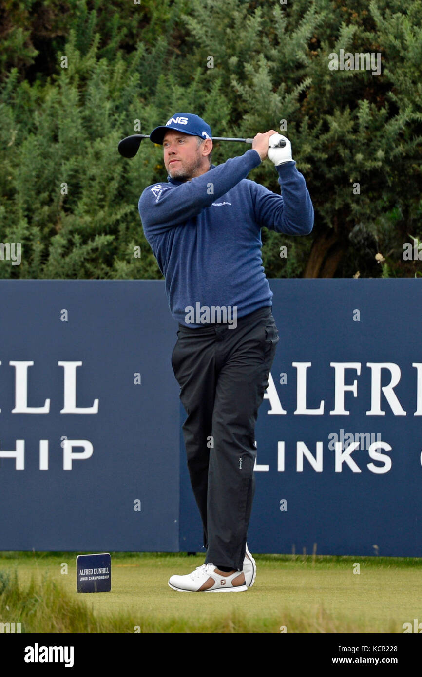 St Andrews, Écosse, Royaume-Uni. 07Th oct, 2017. Lee Westwood sur le raccord en t sur le cours de kingsbarns au début de son troisième tour de l'Alfred Dunhill links championship crédit : Ken jack/Alamy live news Banque D'Images