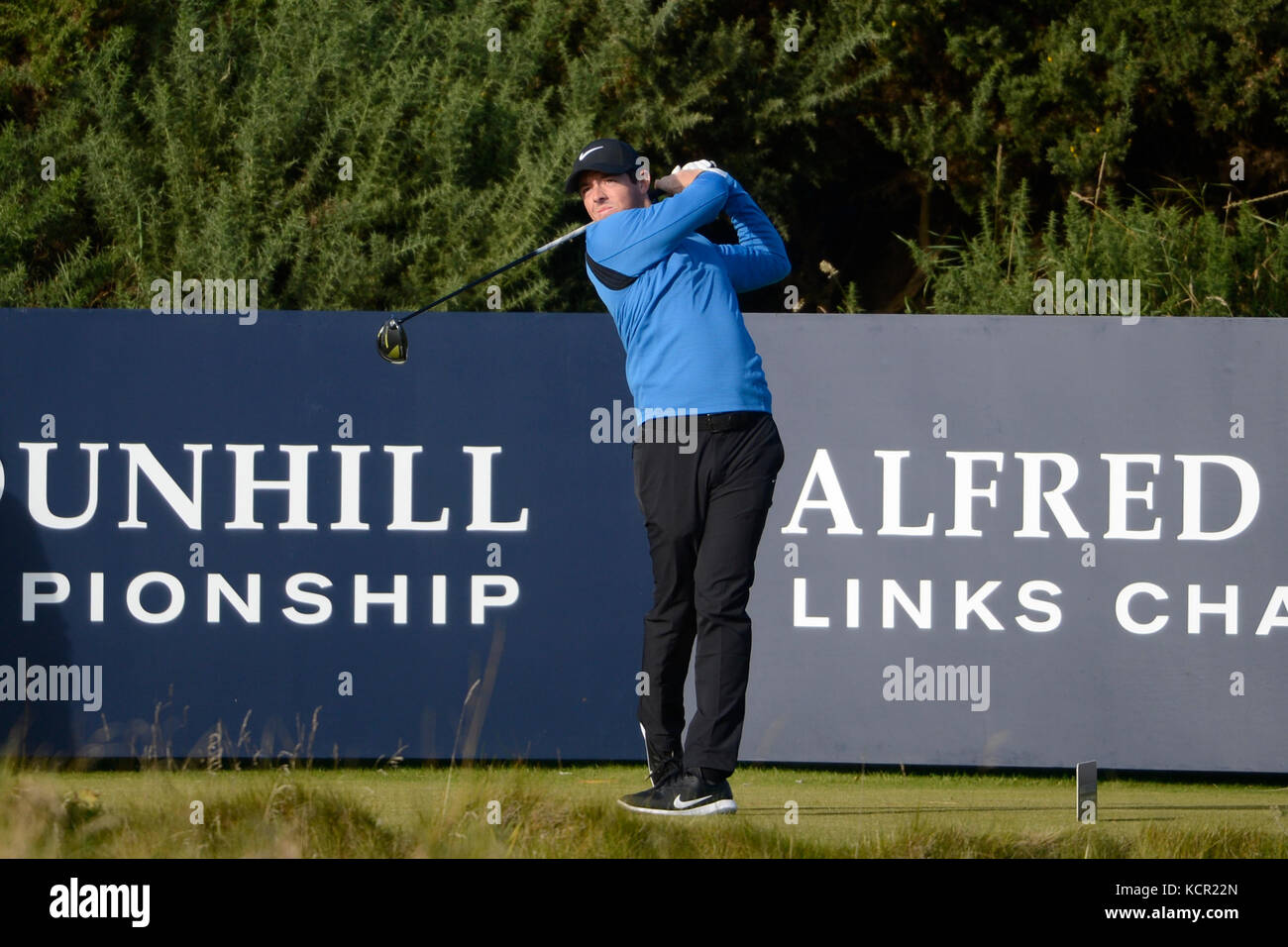 St Andrews, Écosse, Royaume-Uni. 07Th oct, 2017. haut golfer rory mcilroy sur le raccord en t sur le cours de kingsbarns au début de son troisième tour de l'Alfred Dunhill links championship crédit : Ken jack/Alamy live news Banque D'Images