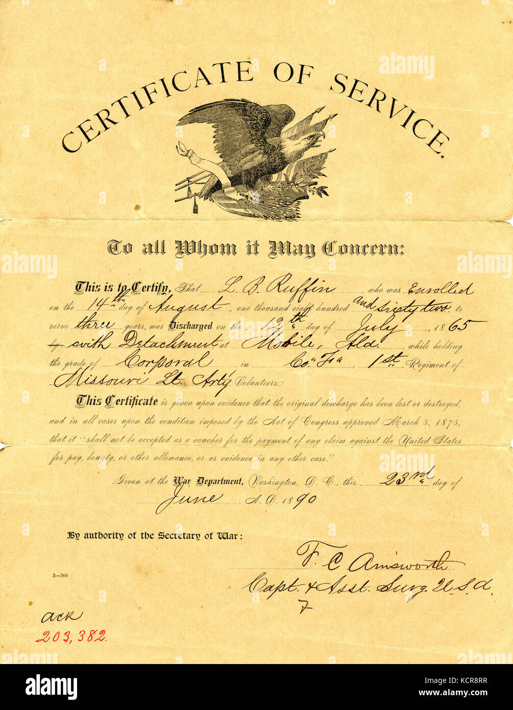 Certificat de service de L.B. Ruffin, le 23 juin, 1890 Banque D'Images