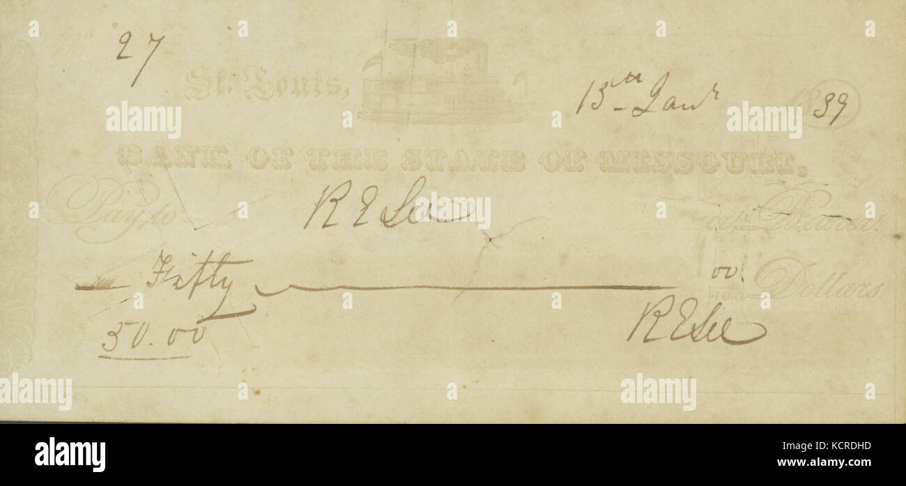 Vérifier la présence de cinquante dollars tirés de la Banque de l'État du Missouri, signé R.E. Lee, le 13 janvier 1839 Banque D'Images