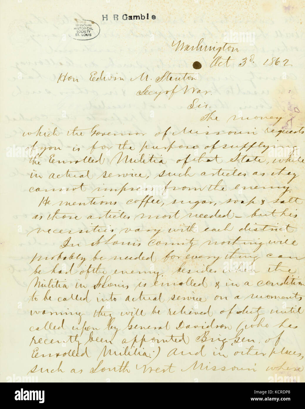 Copie contemporaine de lettre signée C. Gibson, Washington, à l'honorable Edwin M. Stanton, Secy. de la guerre, le 3 octobre 1862 Banque D'Images