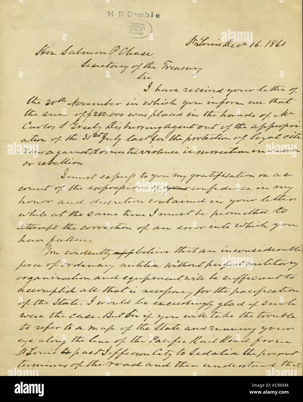 Brouillon de lettre de Hamilton R. Gamble, Saint Louis, à l'honorable Salmon P. Chase, secrétaire du Trésor, le 16 décembre 1861 Banque D'Images