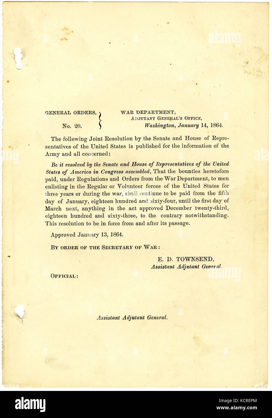 Les ordonnances générales, n° 20, ministère de la guerre, l'adjudant-général's Office, Washington, le 14 janvier, 1864 Banque D'Images