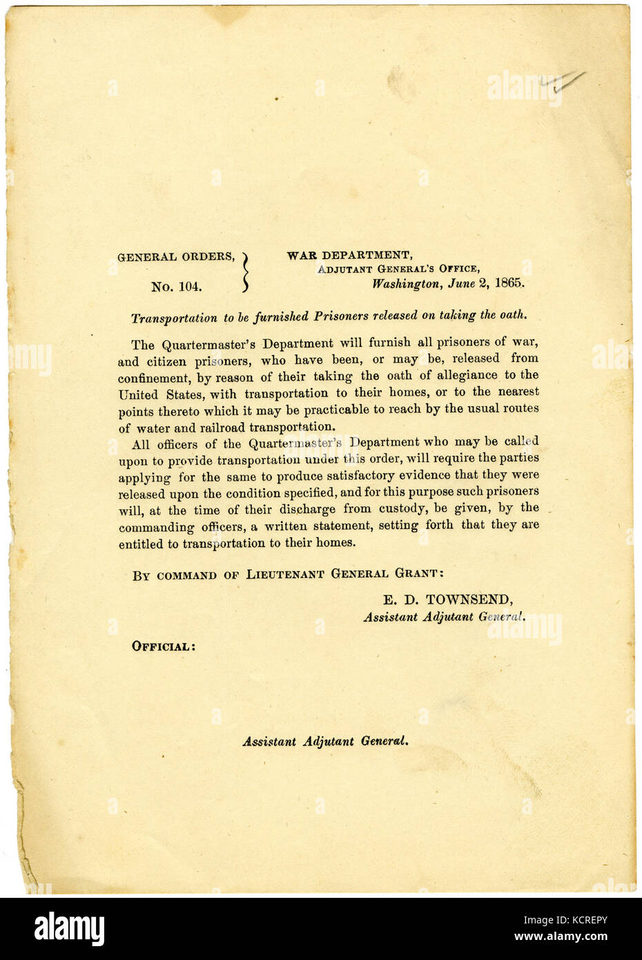 Les ordonnances générales, n° 104, ministère de la guerre, l'adjudant-général's Office, Washington, 2 juin 1865 Banque D'Images