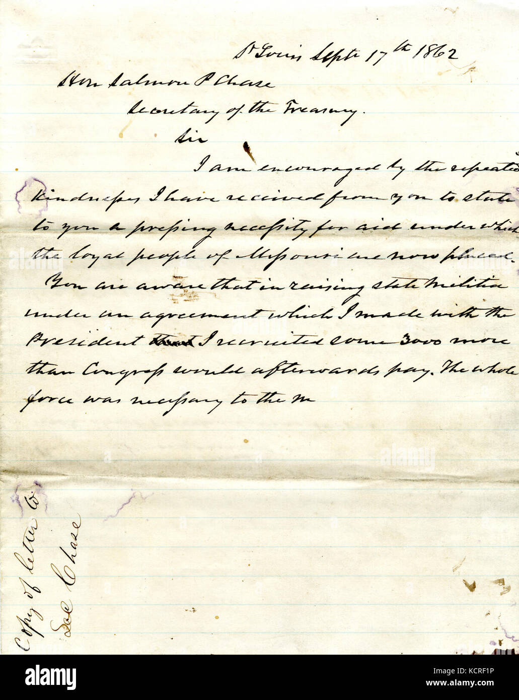 Brouillon de lettre de Hamilton R. Gamble, Saint Louis, à l'honorable Salmon P. Chase, secrétaire du Trésor, le 17 septembre 1862 Banque D'Images
