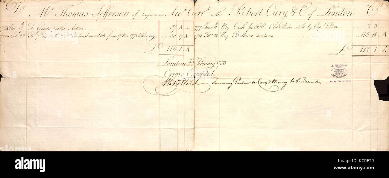 Compte de Thomas Jefferson avec Robert Cary et Co., 22 février 1783 Banque D'Images