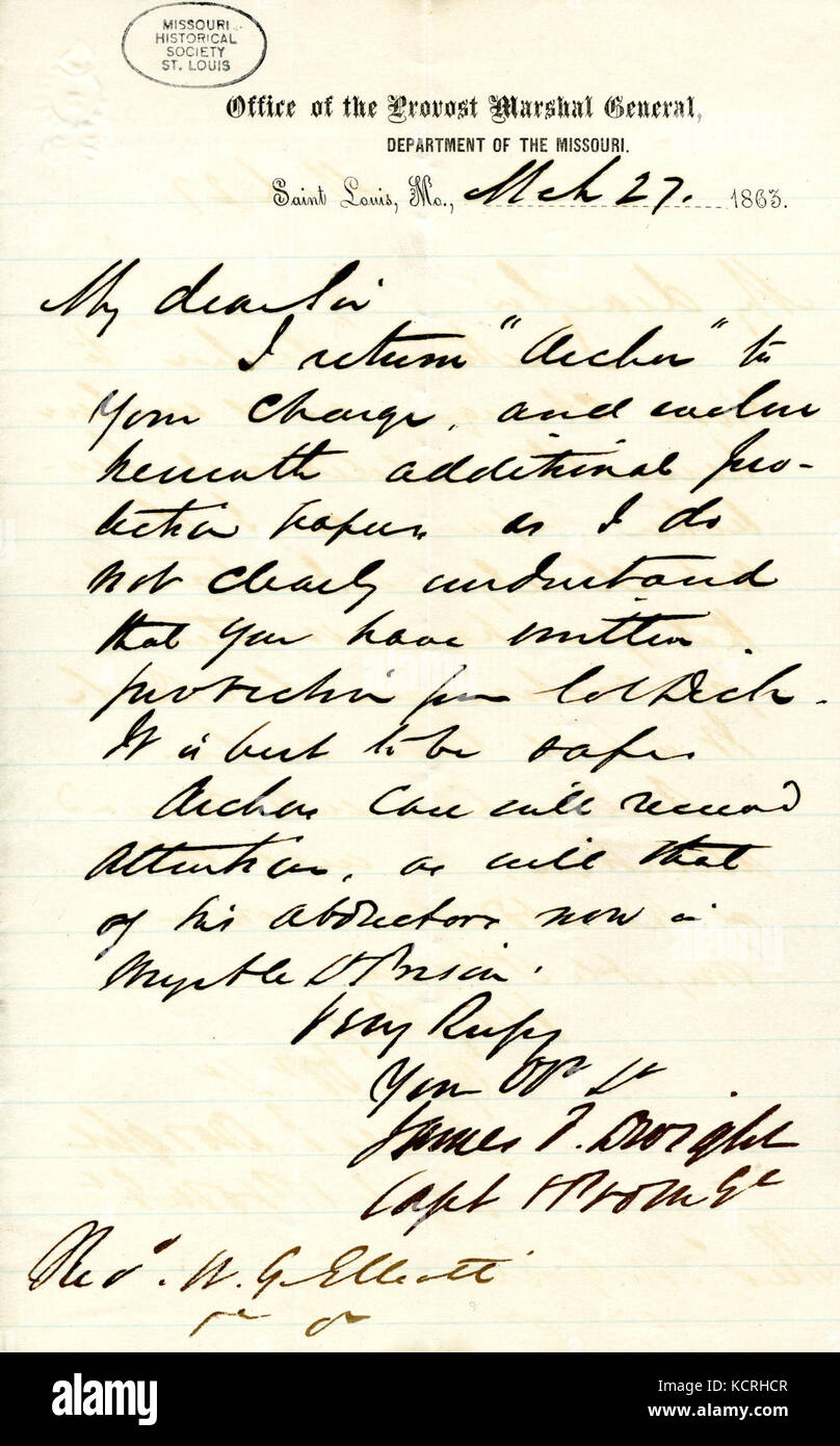 Déclaration que Archer Alexander est sous la protection des autorités militaires, du Bureau du prévôt général, Ministère de l'Iowa, Saint Louis, Mo., Mars 27, 1863 Banque D'Images