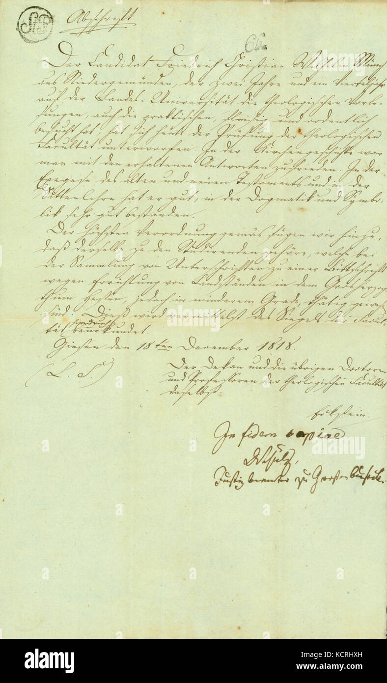 Certificat de l'Université de Gissen à Friedrich Muench, Décembre 18, 1818 Banque D'Images
