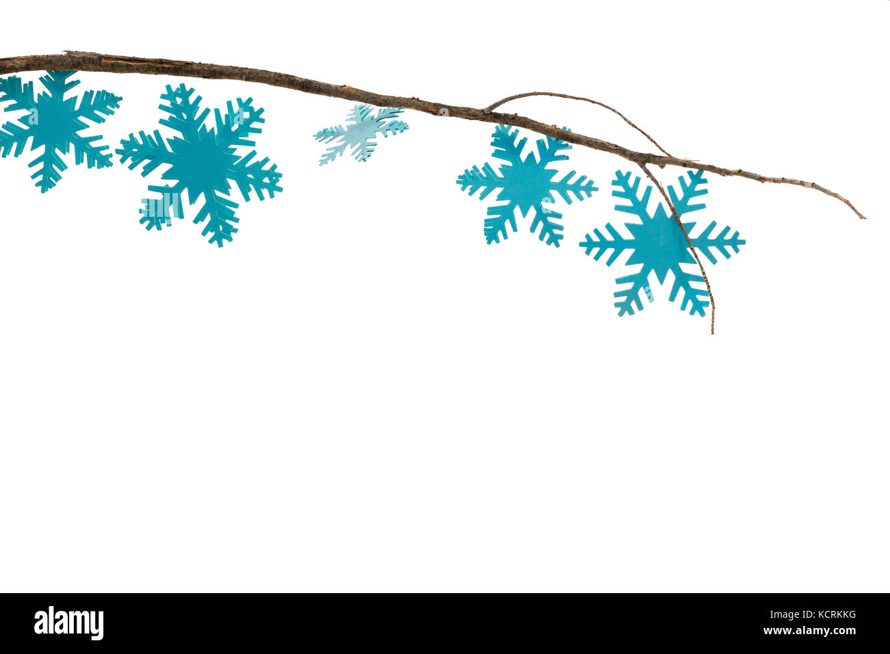 Close-up of snowflakes décorées sur branch against white background Banque D'Images