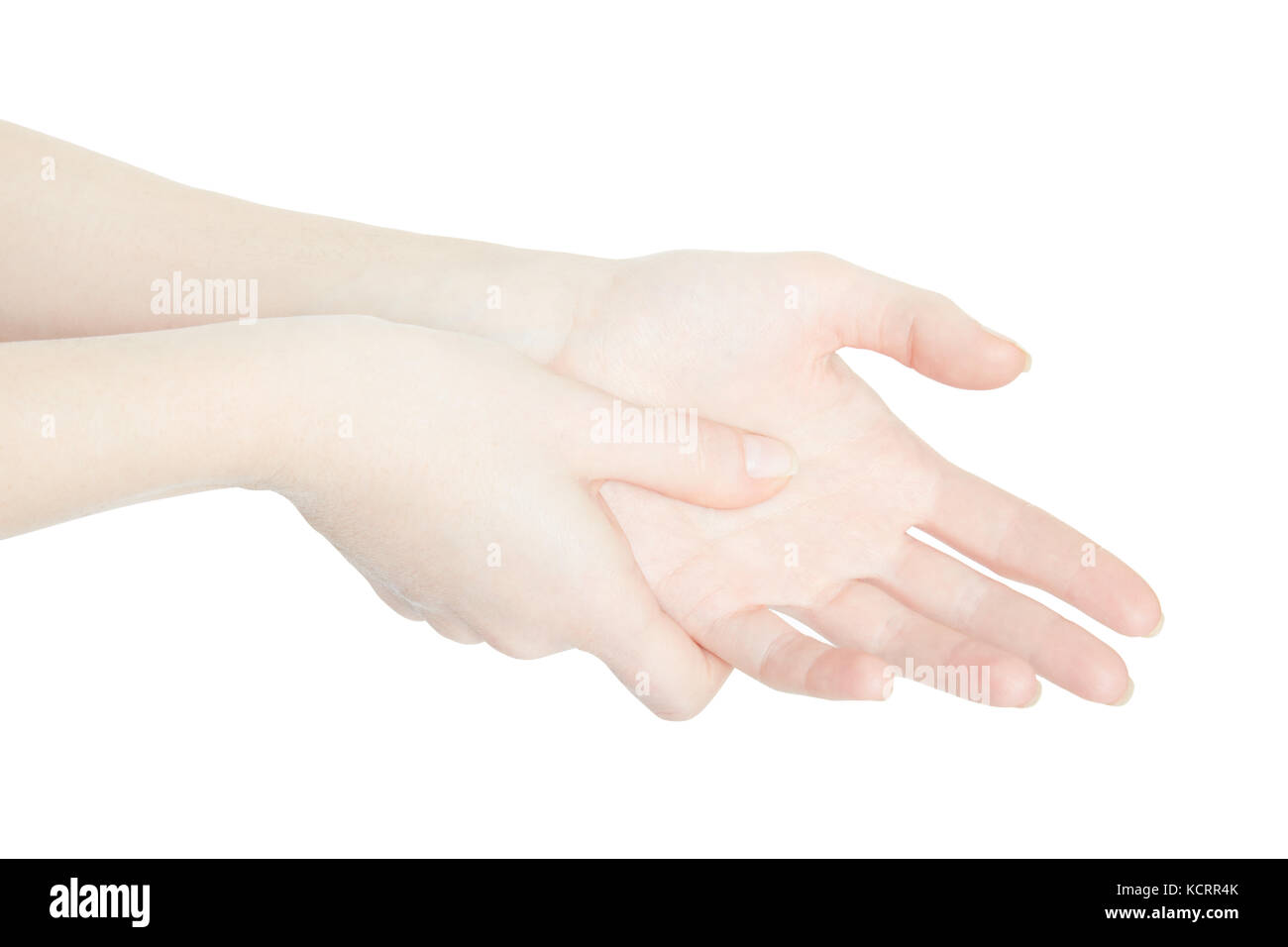 Femme de toucher avec la main le pouce palm douloureux isolé sur blanc, chemin de détourage Banque D'Images