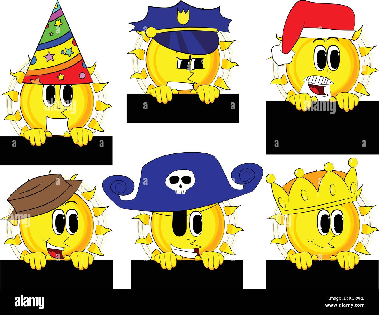 Cartoon soleil holding blank panneau noir. collection de costumes avec des expressions. vector set. Illustration de Vecteur